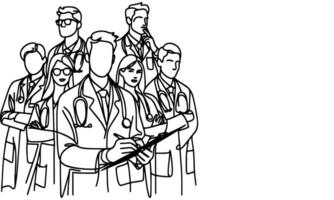 Continuous one black line art hand drawing doctors. National doctor day concept vector illustration on white background with copy space