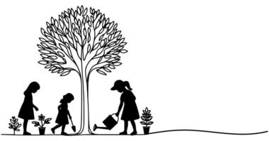 continuo uno negro línea Arte dibujo silueta de niños riego un árbol. plantando árbol a salvar el mundo y tierra día reducir global calentamiento crecimiento concepto vector ilustración en blanco antecedentes