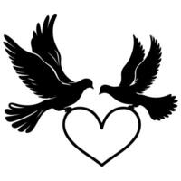 Birds fly to make a heart shape of love. hand drawing birth silhouette black outline art isolated on white background, vector illustration