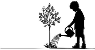 Continuous one black line art drawing Silhouette of children watering a tree. planting tree to save the world and earth day reduce global warming growth concept vector illustration on white background