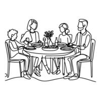 Continuous one black line art drawing happy family father and mother with child. having dinner sitting at table doodles style vector illustration on white background