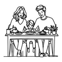 Continuous one black line art drawing happy family father and mother with child. having dinner sitting at table doodles style vector illustration on white background