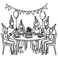 single continuous drawing black line family dinner sitting at table to celebration anniversary birthday party doodles vector