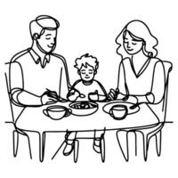 Continuous one black line art drawing happy family father and mother with child. having dinner sitting at table doodles style vector illustration on white background