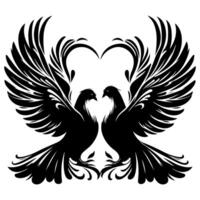 Birds fly to make a heart shape of love. hand drawing birth silhouette black outline art isolated on white background, vector illustration