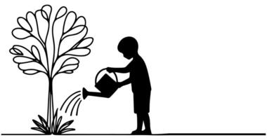 continuo uno negro línea Arte dibujo silueta de niños riego un árbol. plantando árbol a salvar el mundo y tierra día reducir global calentamiento crecimiento concepto vector ilustración en blanco antecedentes