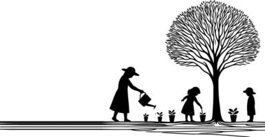 continuo uno negro línea Arte dibujo silueta de niños riego un árbol. plantando árbol a salvar el mundo y tierra día reducir global calentamiento crecimiento concepto vector ilustración en blanco antecedentes