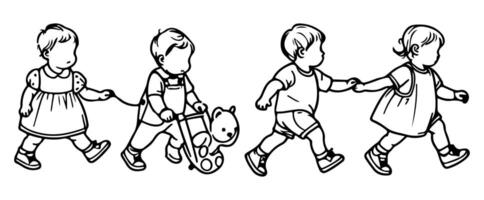 Continuous one black line art hand drawing child walking doodles outline cartoon characters set style coloring page vector illustration  on white background