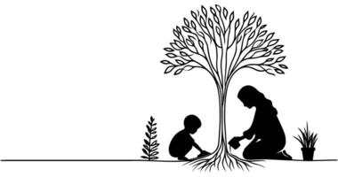 continuo uno negro línea Arte dibujo silueta de niños riego un árbol. plantando árbol a salvar el mundo y tierra día reducir global calentamiento crecimiento concepto vector ilustración en blanco antecedentes