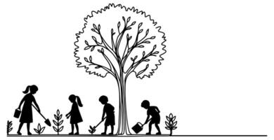 Continuous one black line art drawing Silhouette of children planting tree. Shovel digs roots plant into ground to save the world and earth day reduce global warming growth vector