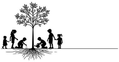 continuo uno negro línea Arte dibujo silueta de niños riego un árbol. plantando árbol a salvar el mundo y tierra día reducir global calentamiento crecimiento concepto vector ilustración en blanco antecedentes