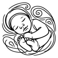 Continuous one black line art hand drawing newborn lying or sleeping doodles outline style vector illustration on white background