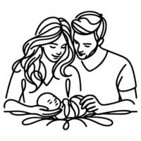 Continuous one black line art drawing parents with newborn baby doodles outline style vector illustration on white background