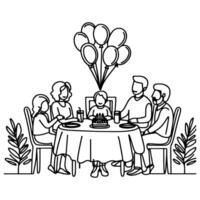 single continuous drawing black line family dinner sitting at table to celebration anniversary happy birthday party doodles vector