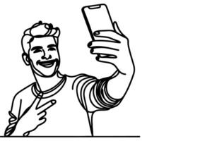 continuous one black line art drawing cheerful young man holding smartphone to taking acting selfie or video call through mobile phone outline doodle vector family travel concept