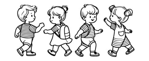 Continuous one black line art hand drawing child walking doodles outline cartoon characters set style coloring page vector illustration  on white background