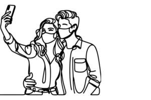 continuous one black line art drawing cheerful young man and girl  holding smartphone to taking acting selfie or video call through mobile phone outline doodle vector family travel concept