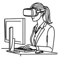 single continuous drawing black line art linear woman in office using virtual reality headset simulator glasses with computer doodle style sketch vector