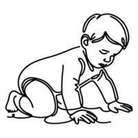 Continuous one black line art hand drawing child crawling doodles outline cartoon style coloring page vector illustration  on white background