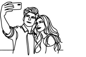 continuous one black line art drawing cheerful young man and girl  holding smartphone to taking acting selfie or video call through mobile phone outline doodle vector family travel concept