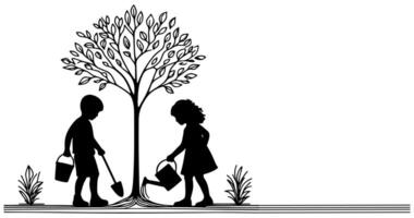 continuo uno negro línea Arte dibujo silueta de niños riego un árbol. plantando árbol a salvar el mundo y tierra día reducir global calentamiento crecimiento concepto vector ilustración en blanco antecedentes