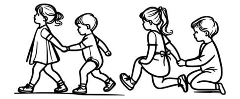 Continuous one black line art hand drawing child walking doodles outline cartoon characters set style coloring page vector illustration  on white background