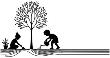 continuo uno negro línea Arte dibujo silueta de niños riego un árbol. plantando árbol a salvar el mundo y tierra día reducir global calentamiento crecimiento concepto vector ilustración en blanco antecedentes