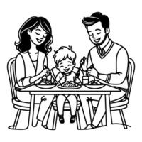 Continuous one black line art drawing happy family father and mother with child. having dinner sitting at table doodles style vector illustration on white background