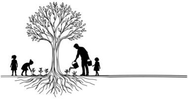 continuo uno negro línea Arte dibujo silueta de niños riego un árbol. plantando árbol a salvar el mundo y tierra día reducir global calentamiento crecimiento concepto vector ilustración en blanco antecedentes