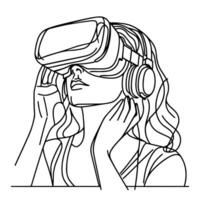 single continuous drawing black line art linear girl using virtual reality headset simulator glasses to learn new technology vector