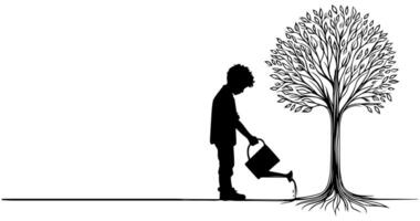 continuo uno negro línea Arte dibujo silueta de niños riego un árbol. plantando árbol a salvar el mundo y tierra día reducir global calentamiento crecimiento concepto vector ilustración en blanco antecedentes