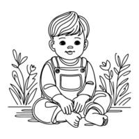 Continuous one black line art hand drawing child sitting alone doodles outline cartoon style coloring page vector illustration  on white background