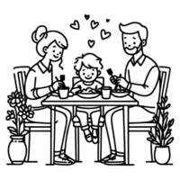 Continuous one black line art drawing happy family father and mother with child. having dinner sitting at table doodles style vector illustration on white background