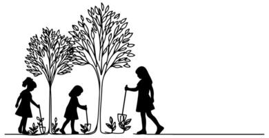 continuo uno negro línea Arte dibujo silueta de niños plantando árbol. pala alojamiento raíces planta dentro suelo a salvar el mundo y tierra día reducir global calentamiento crecimiento vector