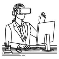 single continuous drawing black line art linear woman in office using virtual reality headset simulator glasses with computer doodle style sketch vector