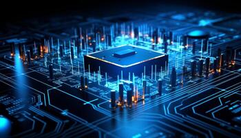 AI generated Abstract cyber security concept with glowing computer chip processor and binary code background photo