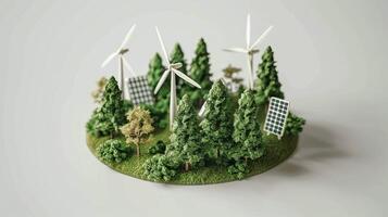 ai generado verde energía y sostenible poder concepto con viento turbinas, solar paneles, y eco simpático tecnología foto