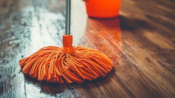 AI generated Mop delicately positioned on laminate floor with a bucket of water in the distant background photo