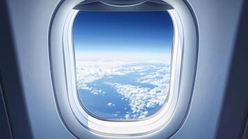 AI generated Panoramic aerial sky horizon view through airplane window, vast expanse of natural beauty photo