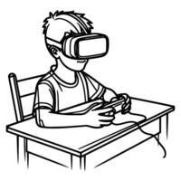 single continuous drawing black line art linear boy using virtual reality headset simulator glasses to learn new technology vector