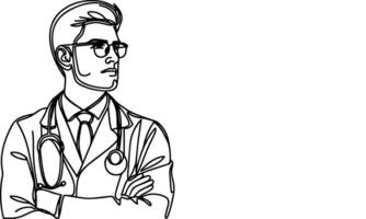 Continuous one black line art hand drawing doctors. National doctor day concept vector illustration on white background with copy space