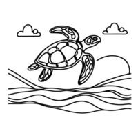 continuous one black line hand drawing turtle marine animal doodle vector illustration on white