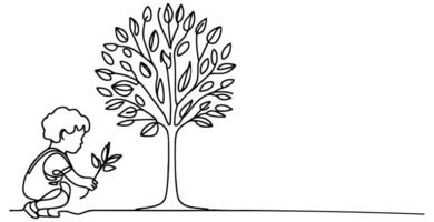 Continuous one black line art drawing Silhouette of children planting tree. Shovel digs roots plant into ground to save the world and earth day reduce global warming growth vector