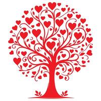 red love tree with heart leaves. hand draw Valentine day tree silhouette clip art isolated on white background, vector illustration