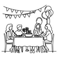 soltero continuo dibujo negro línea familia cena sentado a mesa a celebracion aniversario contento cumpleaños fiesta garabatos vector