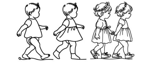 Continuous one black line art hand drawing child walking doodles outline cartoon characters set style coloring page vector illustration  on white background