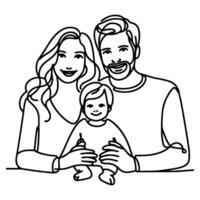 Continuous one black line art drawing happy family father and mother with child doodles style vector illustration on white