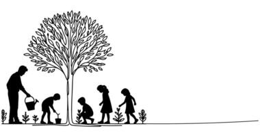 Continuous one black line art drawing Silhouette of children watering a tree. planting tree to save the world and earth day reduce global warming growth concept vector illustration on white background