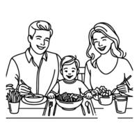 Continuous one black line art drawing happy family father and mother with child. having dinner sitting at table doodles style vector illustration on white background