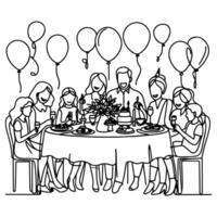 single continuous drawing black line family dinner sitting at table to celebration anniversary happy birthday party doodles vector